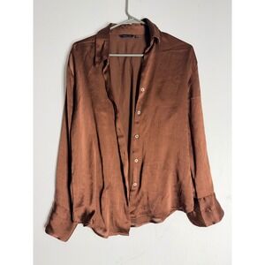 Wardrobe Brown Satin Button Down Blouse Long Sleeve Textured Shirt Womens Medium